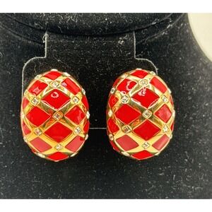 St John Large Vintage Gold Tone Crystal Red Enamel Classic Clip Earrings